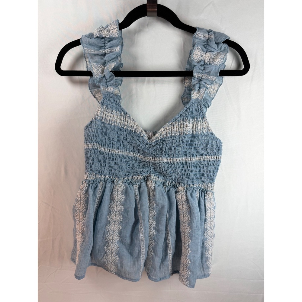 Blue B Collection Smocked Peplum Top Blue White Embroidered Eyelet Boho Medium